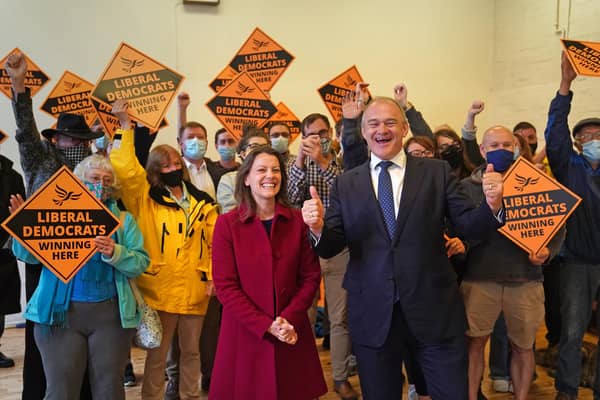 Liberal Democrat leader Ed Davey and new Liberal Democrat MP for Chesham and Amersham, Sarah Green celebrate following victory in Buckinghamshire (PA)