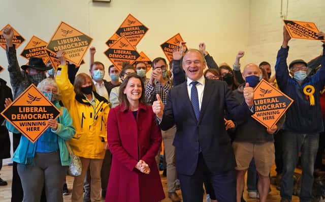 Liberal Democrat leader Ed Davey and new Liberal Democrat MP for Chesham and Amersham, Sarah Green celebrate following victory in Buckinghamshire (PA)