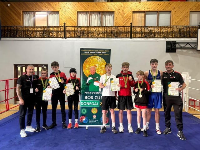 The Full team after the Peter ODonnell box cup, from left,  Coach Fred Hampsey, Eoghan Rua Mullan, John Joe Coyle, Cathoir Mullan, Barney Hutton, Charlie Townsend, Tom Coyle, Cayden Cummings. Coach Chalky Kelly. Credit: Supplied
