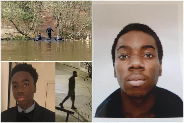 Richard Okorogheye, alongside a screen grab of CCTV footage (bottom left) and police divers in Epping Forest (top left). Photos: PA and Met Police