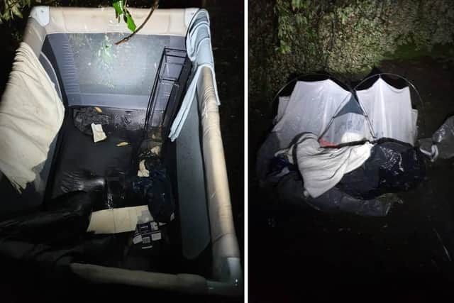 A grey and white tent and a travel cot (pictured) believed to belong to the group were left in Queens Park, 'leading to concern that they are now without any shelter'. Photo: Sussex Police