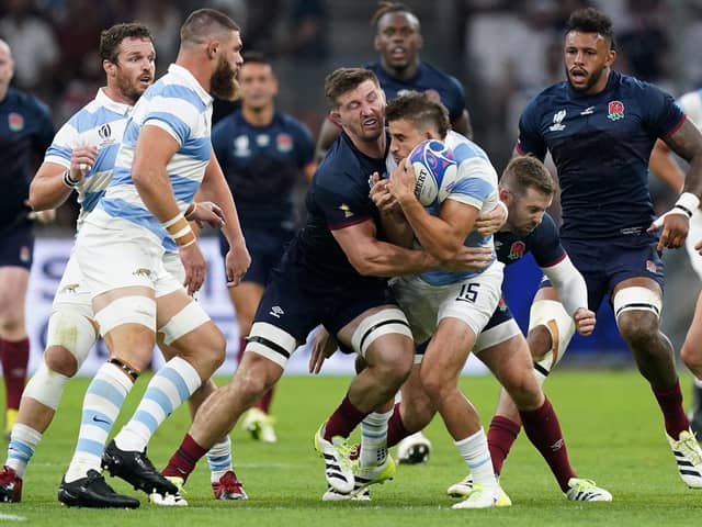 BAD START: England's Tom Curry (left) makes head on head contact with Argentina's Juan Mallia, resulting in a red card during the Pool D match at the Stade de Marseille. Picture: Mike Egerton/PA