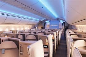 The 787 Dreamliner’s cabin features a spacious twin-aisle layout and improved air quality, with mood lighting designed to reduce jet lag on long-haul flights.