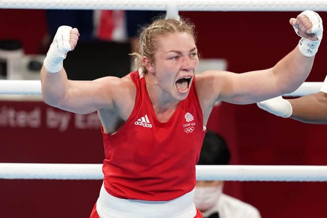 Price celebrates victory during the Women's Middle (69-75kg) Semifinal on the fourteenth day of the Tokyo 2020 Olympic Games (Photo: PA Wire/PA Images)