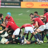 A South African roling maul collapses during the second rugby union Test match between South Africa and the British and Irish Lions at The Cape Town Stadium in Cape Town on July 31, 2021. (Photo by RODGER BOSCH / AFP) (Photo by RODGER BOSCH/AFP via Getty Images)