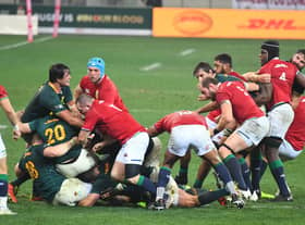 A South African roling maul collapses during the second rugby union Test match between South Africa and the British and Irish Lions at The Cape Town Stadium in Cape Town on July 31, 2021. (Photo by RODGER BOSCH / AFP) (Photo by RODGER BOSCH/AFP via Getty Images)