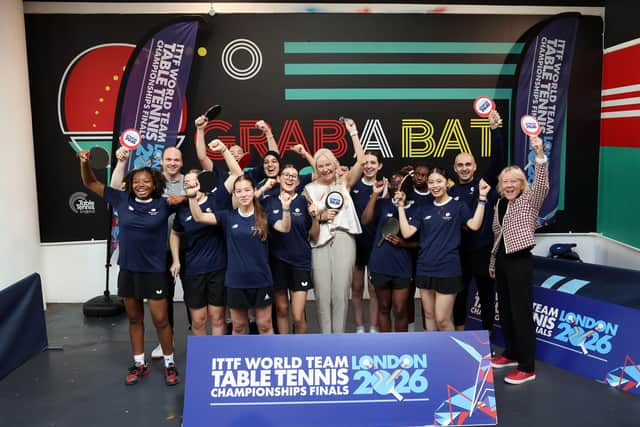 Petra Sörling, Sally Lockyer and Paul Drinkhall with a group of girls for Greenhouse Sports