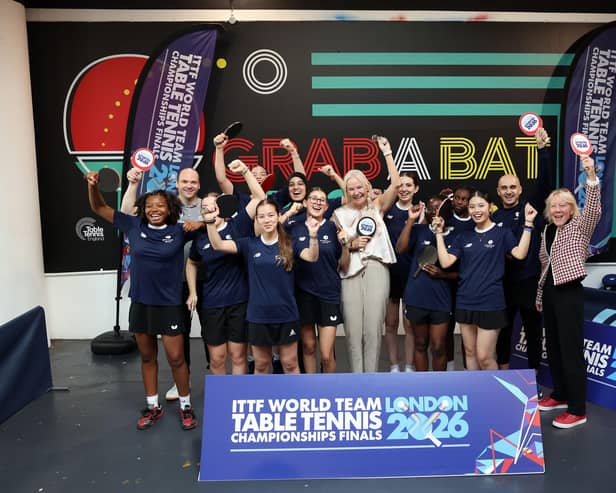 Petra Sörling, Sally Lockyer and Paul Drinkhall with a group of girls for Greenhouse Sports