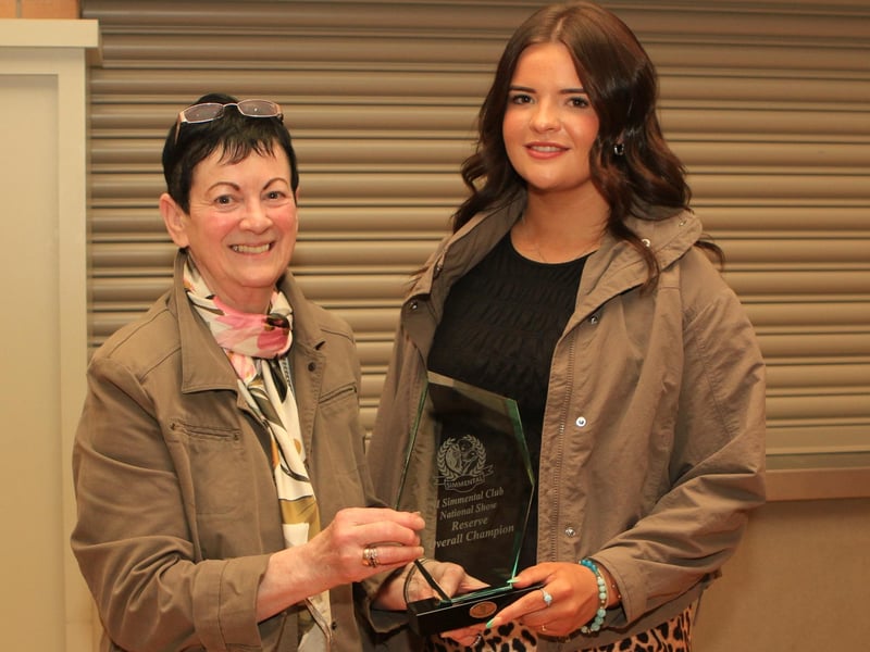 Ruth Montgomery, Clogher Valley Show secretary, presenting the Reserve Female Champion Crystal to Lexi Heatrick for Ballinalare Farm Ritz.