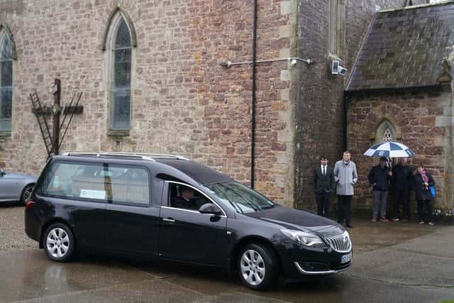The hearse arrives for the funeral of TV presenter and journalist Nick Sheridan, at St Ibar's Church in Castlebridge, Co Wexford. (Picture: Brian Lawless/PA Wire)