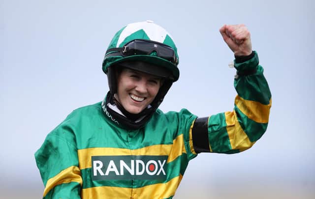 Rachael Blackmore celebrates winning on Minella Times, the Randox Grand National Handicap Chase (Getty Images)