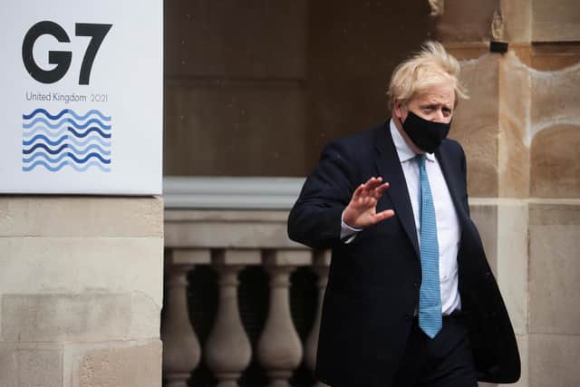 Boris Johnson departs from the G7 foreign ministers' meeting on 5 May in London where representatives from G7 countries met face-to-face for the first time in two years, ahead of the G7 leaders’ summit in June. (Hannah McKay - WPA Pool/Getty Images)