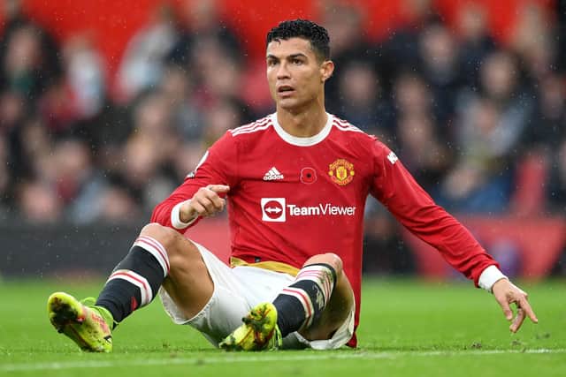 MANCHESTER, ENGLAND - NOVEMBER 06: Cristiano Ronaldo of Manchester United reacts during the Premier League match between Manchester United and Manchester City at Old Trafford on November 06, 2021 in Manchester, England. (Photo by Michael Regan/Getty Images)