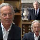 Tony Blair with his new, 'creepy lockdown mullet' - and how we're more used to seeing the former PM (top right) (Photos: ITV/Getty Images)