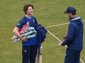 Durham batsman Cameron Bancroft (l) chats with coach James Franklin after a net session.