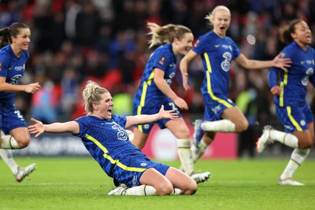 Millie Bright of Chelsea celebrates with team mates at full-time during the Vitality Women's FA Cup Final. (Photo by Alex Pantling/Getty Images)