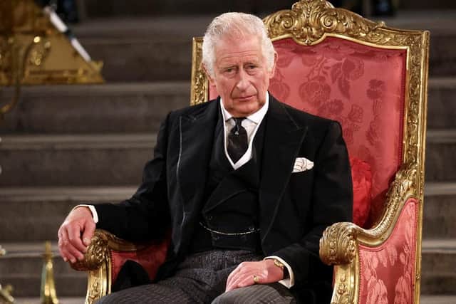 King Charles III at Westminster Hall, London, where both Houses of Parliament met to express their condolences following the death of the Queen. Picture PA.