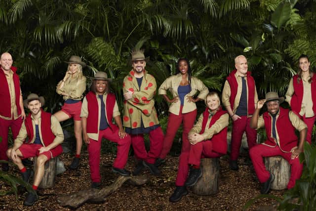Jill Scott, far right, pictured with her I'm A Celeb co-stars. From left, Mike Tindall MBE, Owen Warner, Olivia Attwood, Charlene White, Boy George, Chantelle Douglas, Sue Cleaver, Chris Moyles, and Babatunde Aleshe. Picture: Lifted Entertainment/ITV Picture Desk.