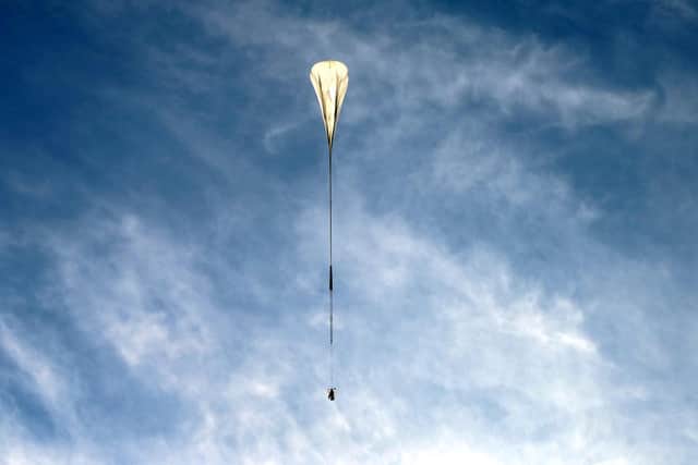 The SuperBIT balloon in flight, above NASA’s Columbia Scientific Balloon Facility, Texas USA