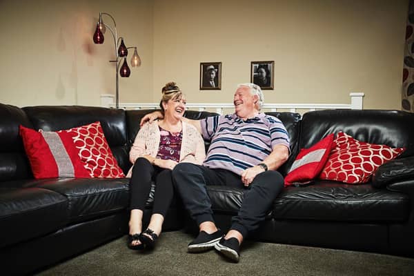 Gogglebox stars Linda and Pete McGarry pictured on set at their Clacton home (PA/Channel 4).