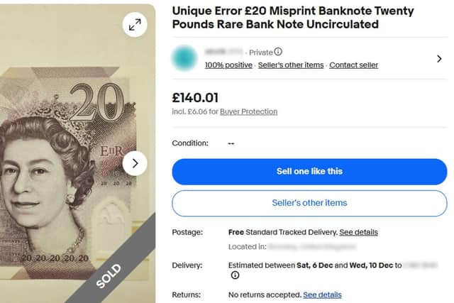 A rare £20 note has sold for seven times its shop value - because of one crucial error.