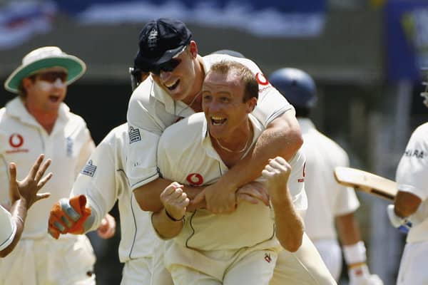 Shaun Udal celebrates with Andrew Flintoff after England's 212-run victory in Mumbai in March 2006. (Picture Ben Radford/Getty Images)