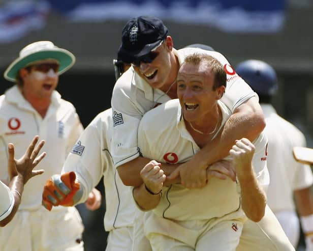 Shaun Udal celebrates with Andrew Flintoff after England's 212-run victory in Mumbai in March 2006. (Picture Ben Radford/Getty Images)