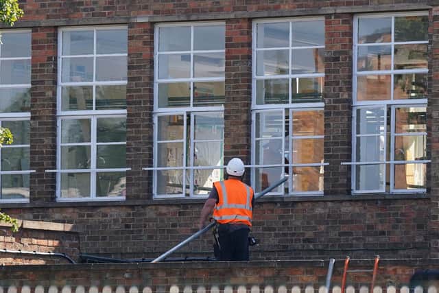 Remedial work being carried out at Mayflower Primary School in Leicester, which has been affected by sub-standard reinforced autoclaved aerated concrete (Raac). PIC: Jacob King/PA Wire