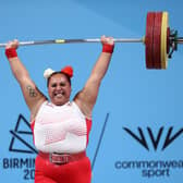 Bulwell's Emily Campbell reacts as she performs a clean & jerk during the women's weightlifting in which she won gold (Photo by Ryan Pierse/Getty Images)