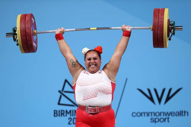 Bulwell's Emily Campbell reacts as she performs a clean & jerk during the women's weightlifting in which she won gold (Photo by Ryan Pierse/Getty Images)