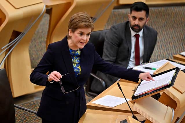 First Minister Nicola Sturgeon attends First Minster's Questions in the debating chamber of the Scottish Parliament in Edinburgh.