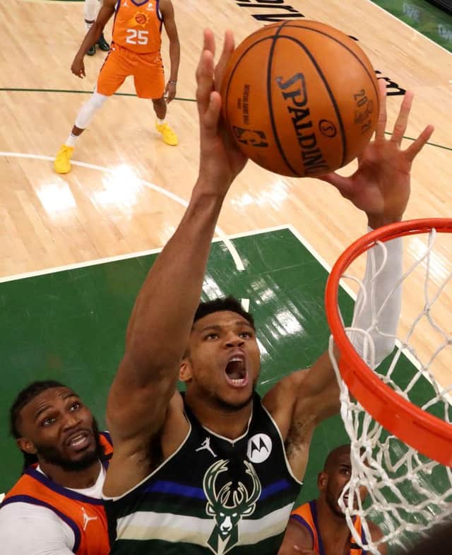 Antetokounmpo  drives to the basket against the Phoenix Suns in Game Six at the 2021 NBA Finals (Picture: Getty Images)