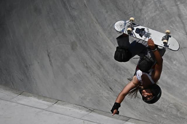 Britain's Sky Brown competes in the women's park final during the Tokyo 2020 Olympic Games at Ariake Sports Park Skateboarding in Tokyo on August 04, 2021. (Photo by Lionel BONAVENTURE / AFP) (Photo by LIONEL BONAVENTURE/AFP via Getty Images)