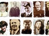 (Left to right top row) Joseph Corr, Danny Taggart, Eddie Doherty, Father Hugh Mullan, Frank Quinn, Paddy McCarthy, (left to right, bottom row) Joan Connolly, John McKerr, Noel Philips, John Laverty and Joseph Murphy, who were all gunshot victims of the Ballymurphy massacre in west Belfast in 1971