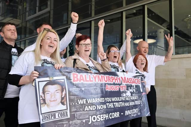 Relatives of Joseph Corr react after the findings of the Ballymurphy Inquest were released by the coroner at the Waterfront Hall in Belfast (Photo: Charles McQuillan/Getty Images)