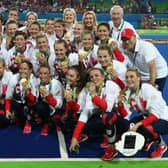 RIO DE JANEIRO, BRAZIL - AUGUST 19:  Great Britain celebrate after winning the Gold medal match on penalties against the Netherlands during the Women's hockey Gold medal match. (Photo by David Rogers/Getty Images)