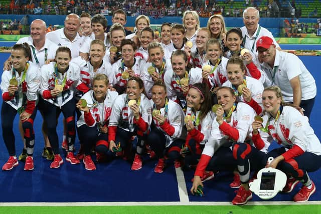 RIO DE JANEIRO, BRAZIL - AUGUST 19:  Great Britain celebrate after winning the Gold medal match on penalties against the Netherlands during the Women's hockey Gold medal match. (Photo by David Rogers/Getty Images)