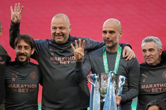 Pep Guardiola and his team also won the Carabao Cup last month at Wembley.