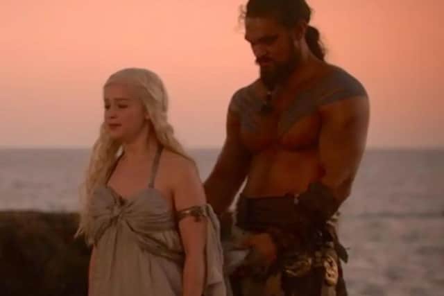 In a scene which did not happen in the books, Daenerys Targaryen (Emilia Clarke) is raped on her wedding night in Game of Thrones Season 1 (HBO).