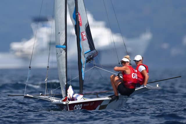 Charlotte Dobson and Saskia Tidey of Team GB compete in the Women's Skiff 49er class on day eight of the Tokyo 2020 Olympic Games (Photo: Clive Mason/Getty Images)