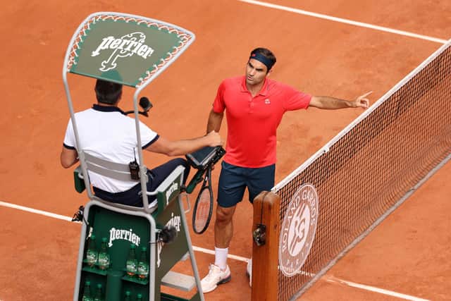 Roger Federer of Switzerland argues with the umpire during his men's second round match against Marin Cilic of Croatia during day five of the 2021 French Open at Roland Garros on June 03, 2021 in Paris, France. (Pic: Getty Images)