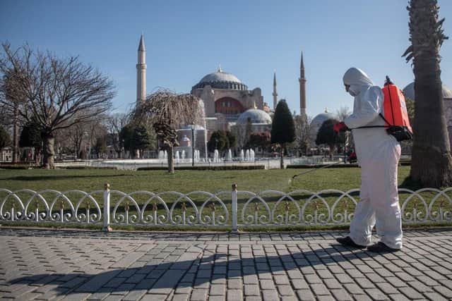 The streets outside ancient Hagia Sophia in Istanbul are disinfected (Getty Images)