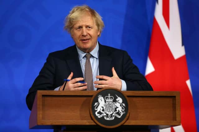 Prime Minister Boris Johnson giveing an update on the coronavirus Covid-19 pandemic during a virtual press conference in the new £2.6million No9 briefing room on March 29, 2021 in London, England.