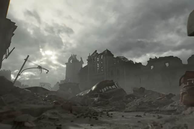 Ruined buildings in Raccoon City, as seen in the RE9 trailer