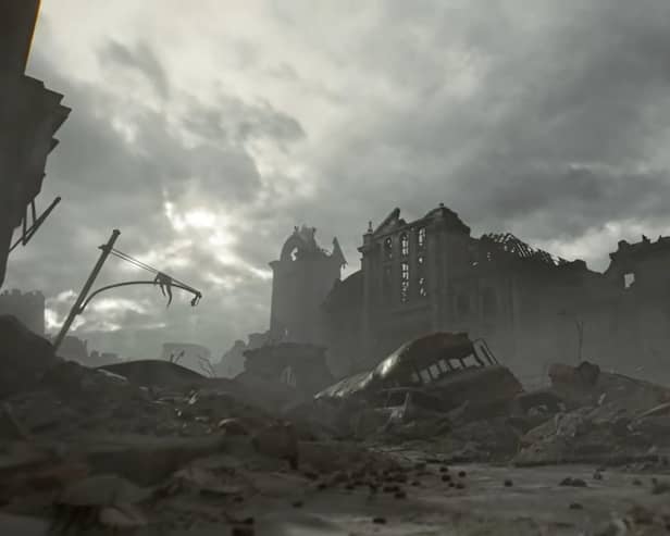 Ruined buildings in Raccoon City, as seen in the RE9 trailer