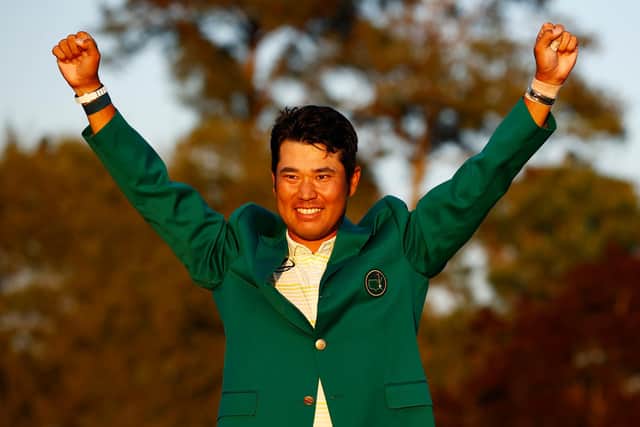 Hideki Matsuyama celebrates during the Green Jacket Ceremony after winning the Masters at Augusta National Golf Club.  Picture: Jared C. Tilton/Getty Images