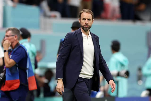 AL KHOR, QATAR - DECEMBER 04: Gareth Southgate, Head Coach of England, celebrates after the team's victory during the FIFA World Cup Qatar 2022 Round of 16 match between England and Senegal at Al Bayt Stadium on December 04, 2022 in Al Khor, Qatar. (Photo by Clive Brunskill/Getty Images)