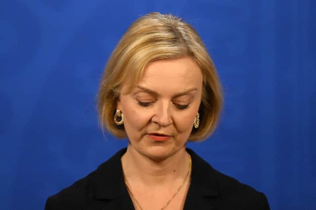 LONDON, ENGLAND - OCTOBER 14: UK Prime Minister Liz Truss answers questions at a press conference in 10 Downing Street after sacking her former Chancellor, Kwasi Kwarteng, on October 14, 2022 in London, England. After just five weeks in the job, Prime Minister Liz Truss has sacked Chancellor of The  Exchequer Kwasi Kwarteng after he delivered a mini-budget that plunged the UK economy into crisis. (Photo by Daniel Leal - WPA Pool/Getty Images)