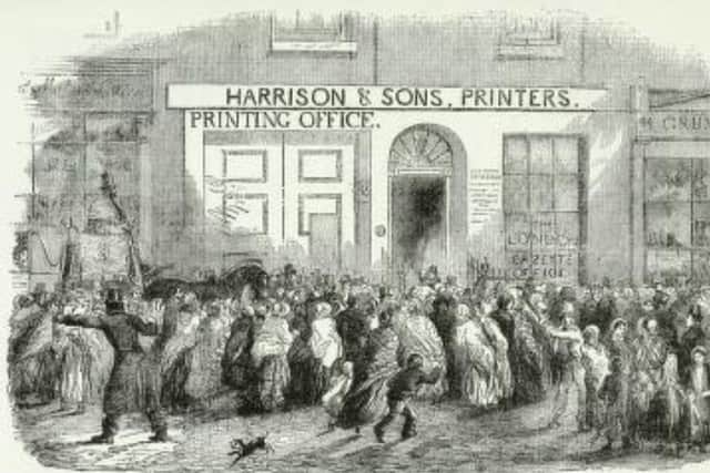 A 1800s sketch of the Harrison printing press in St Martin’s Lane