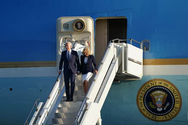 US President Joe Biden and First Lady Jill Biden arrive on Air Force One at RAF Mildenhall in Suffolk, ahead of the G7 summit in Cornwall. (PA)